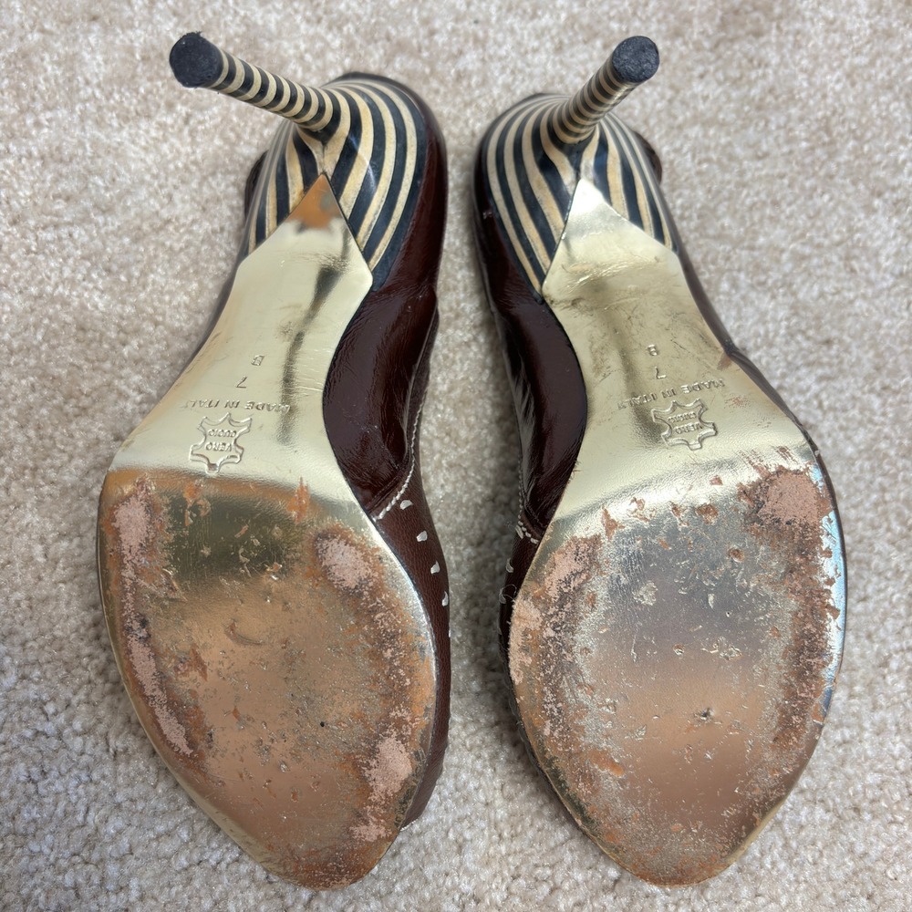 Zac Posen Brown Leather Peep Toe Slingback Y2K Striped Heels Size 7 - Picture 11 of 13
